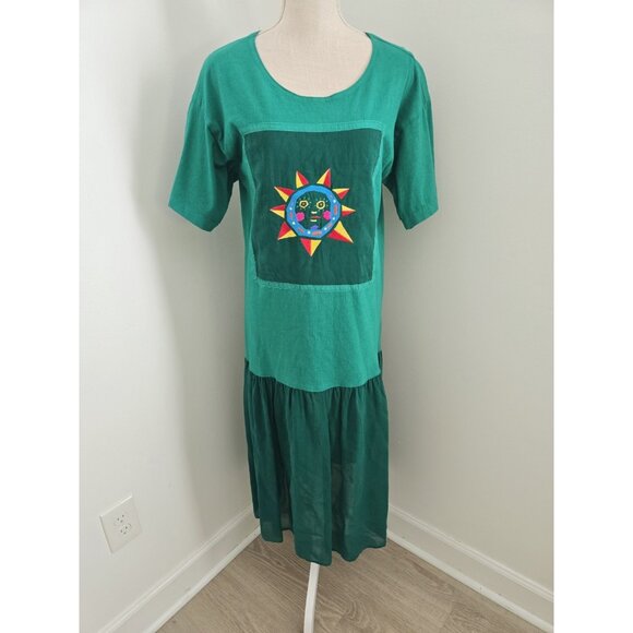 Johnny Was Vintage 90 Cotton Green Sun Embroidery Midi Drop Waist Dress S Petite - Picture 10 of 10